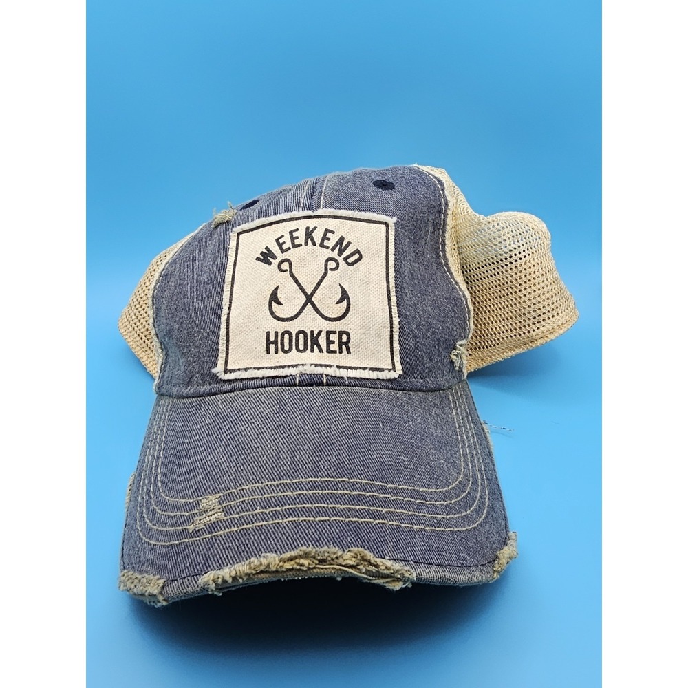 Funny Weekend Hooker Fishing Hook Snapback Trucker Hat Blue Distressed Mesh Back